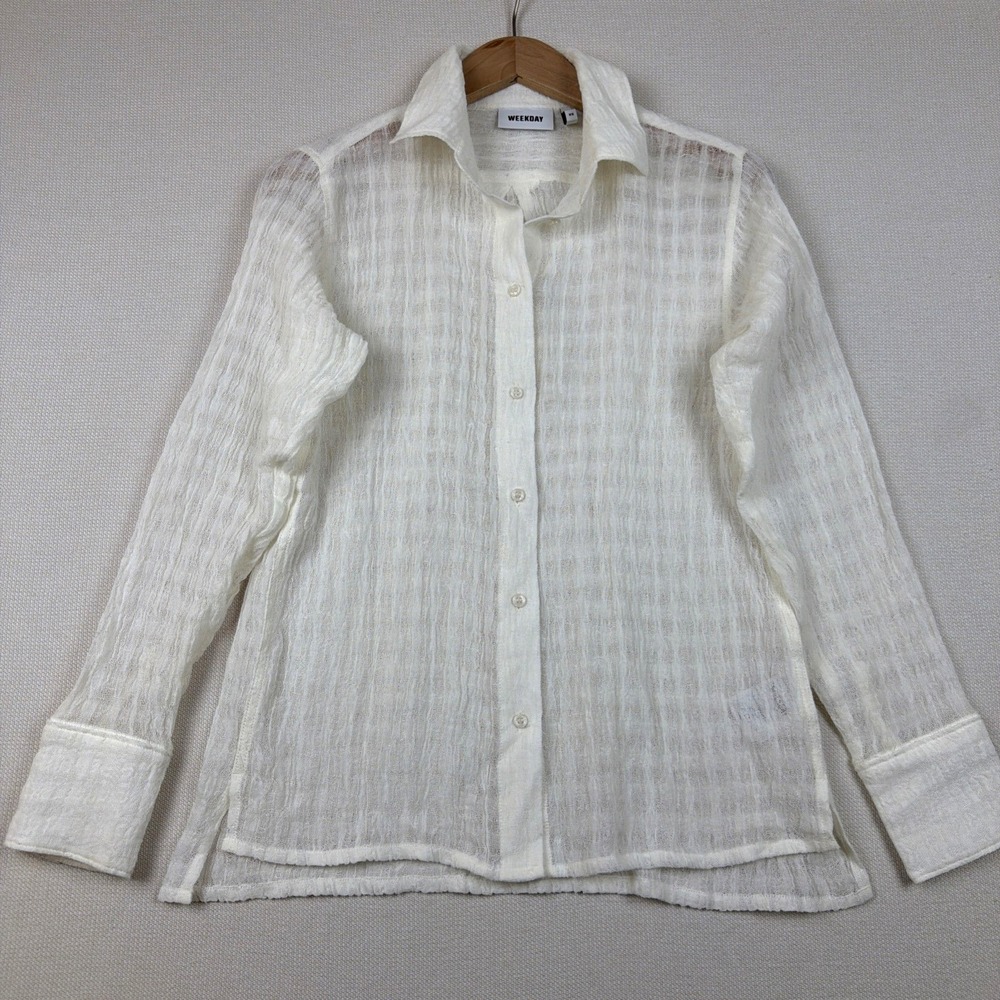 Weekday Button Up Linen Blend Blouse Size XS Off White Semi-Sheer Textured Chic